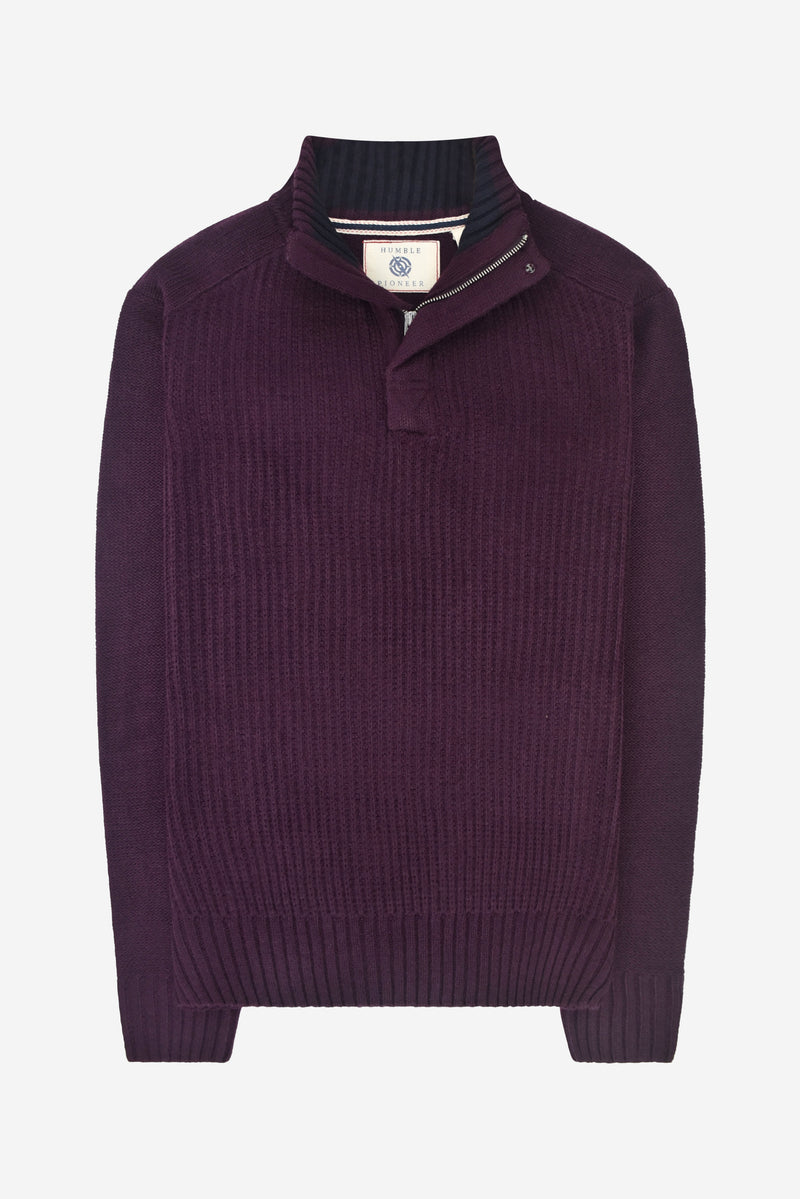 Humble Pioneer - Men's Burgundy Ribbed Half Zip Jumper