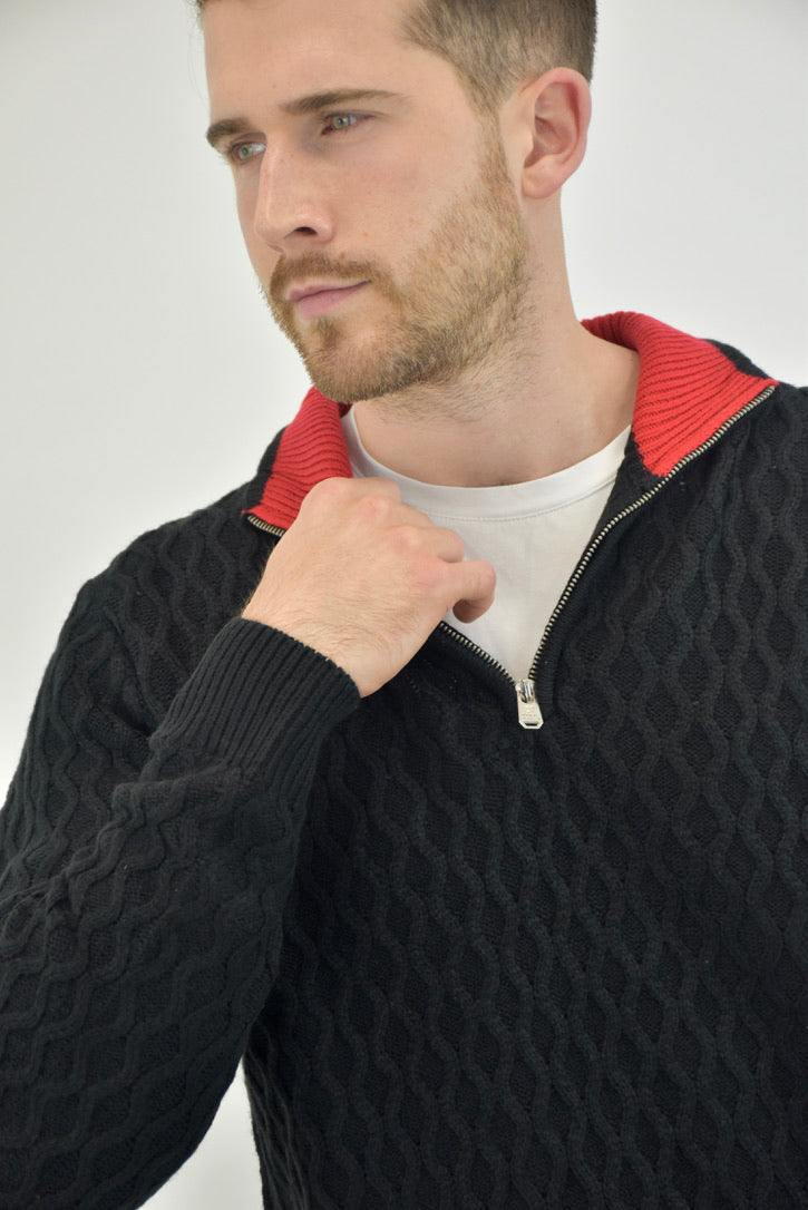Humble Pioneer - Men's Black All Over Cable Half Zip Jumper