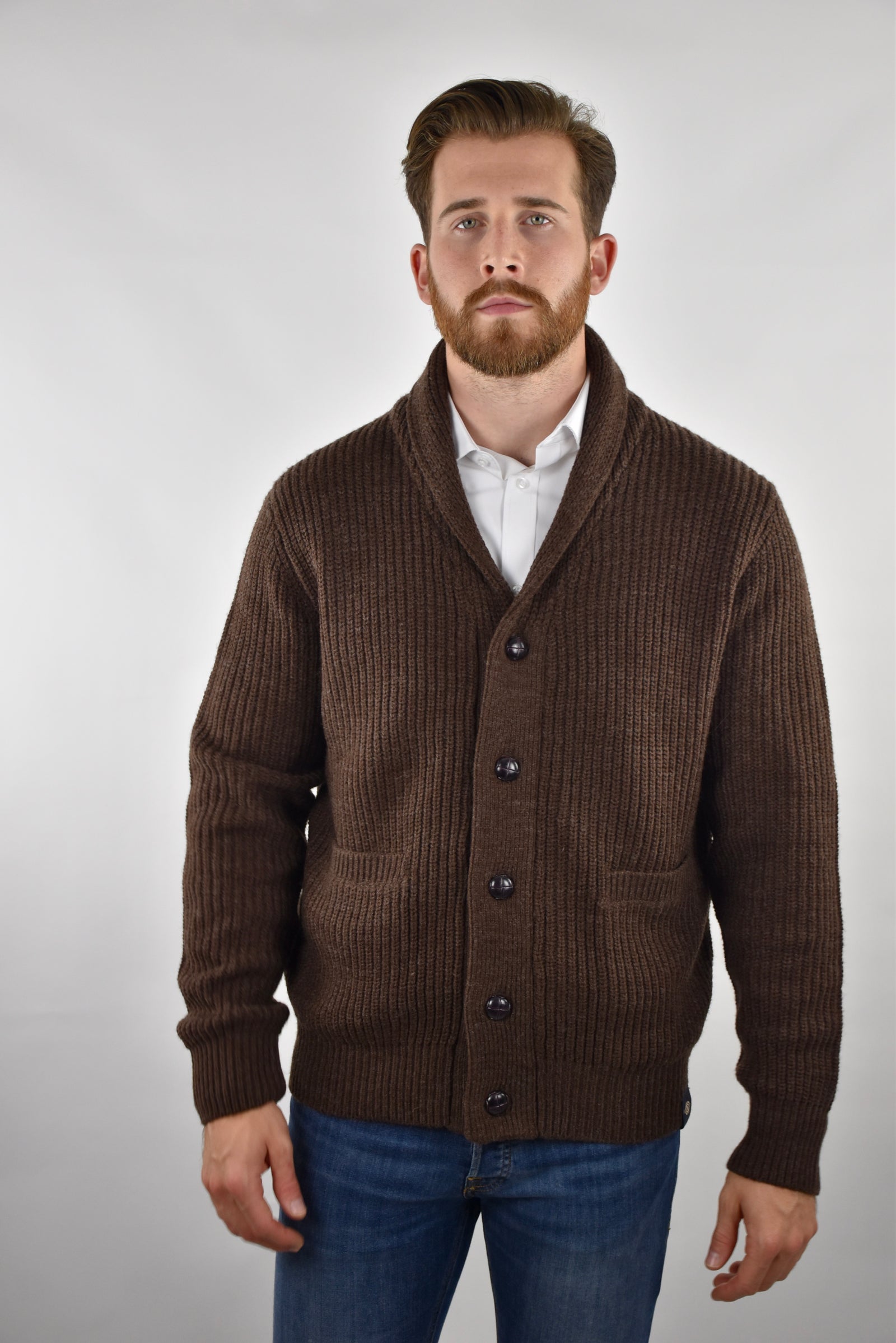 Humble Pioneer - Men's Dark Brown Wool Shawl Cardigan