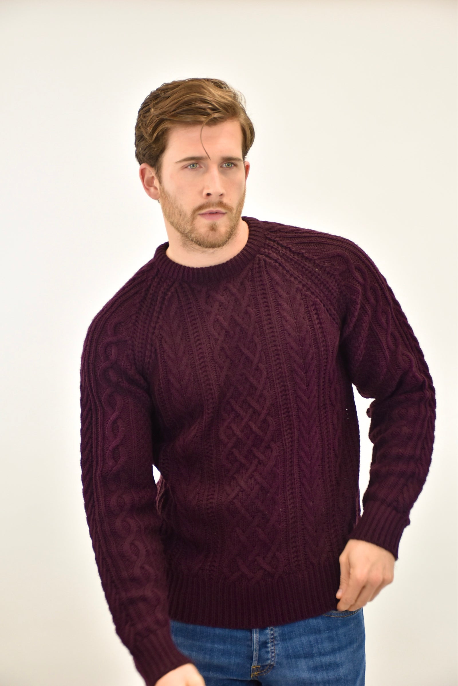 Humble Pioneer Men's Burgundy Fisherman Cable Knit Jumper