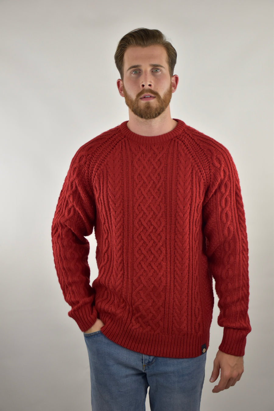Humble Pioneer - Men's Red Fisherman Cable Knit Jumper