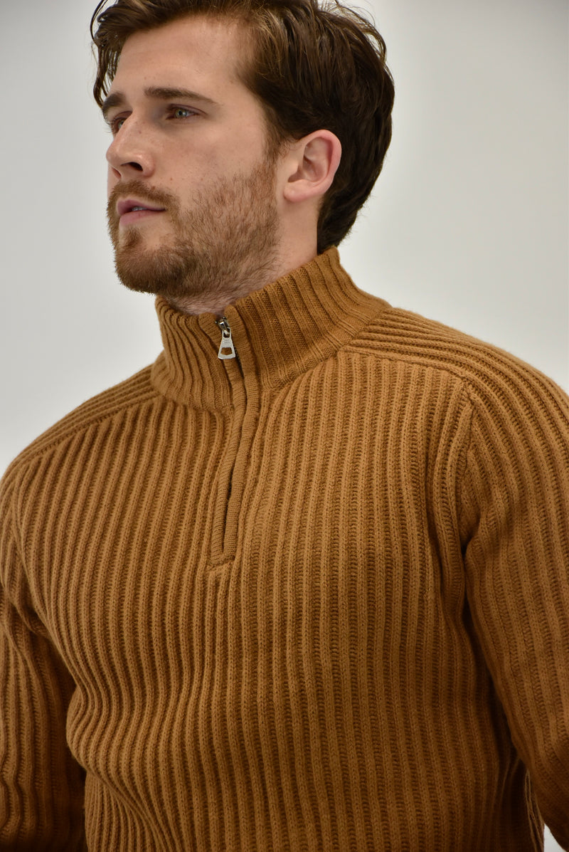 close up of Humble Pioneer - Tan Half Zip Jumper