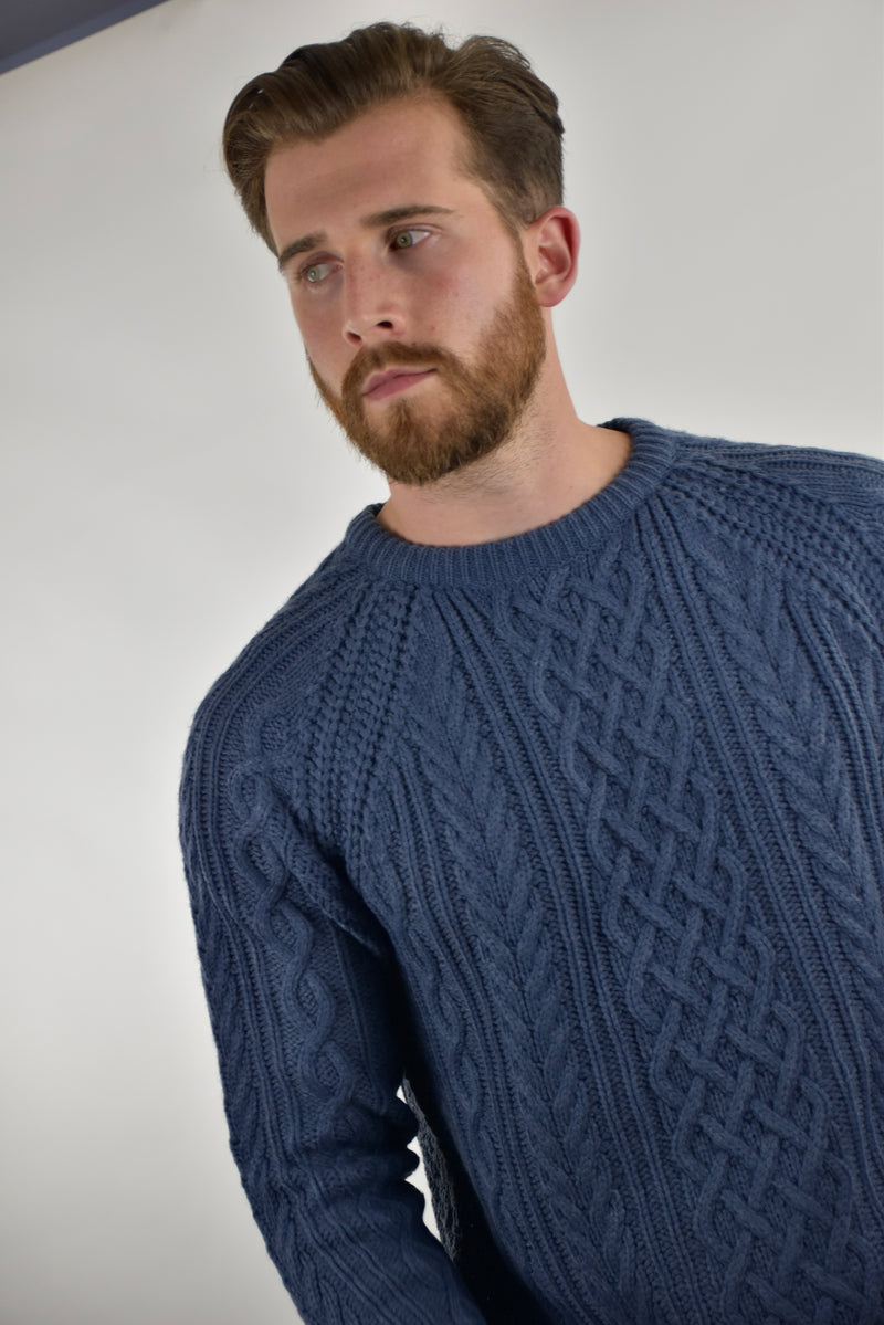 Humble Pioneer Men's Denim Fisherman Cable Knit Jumper