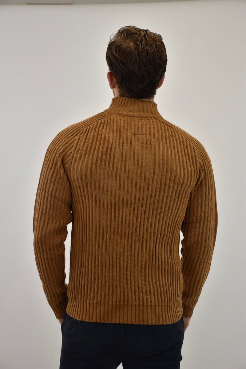 Model showing off back of Humble Pioneer - Tan Half Zip Jumper