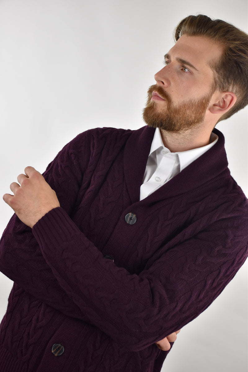 Humble Pioneer -Men's Burgundy Wool Cable Shawl Cardigan