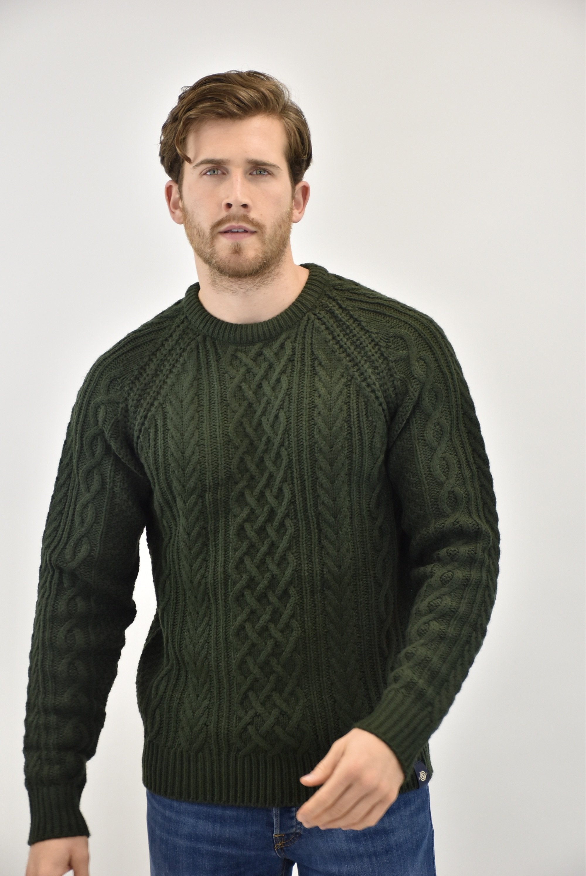 Humble Pioneer - Timeless Mens Dark Olive Fisherman Cable Knit Jumper