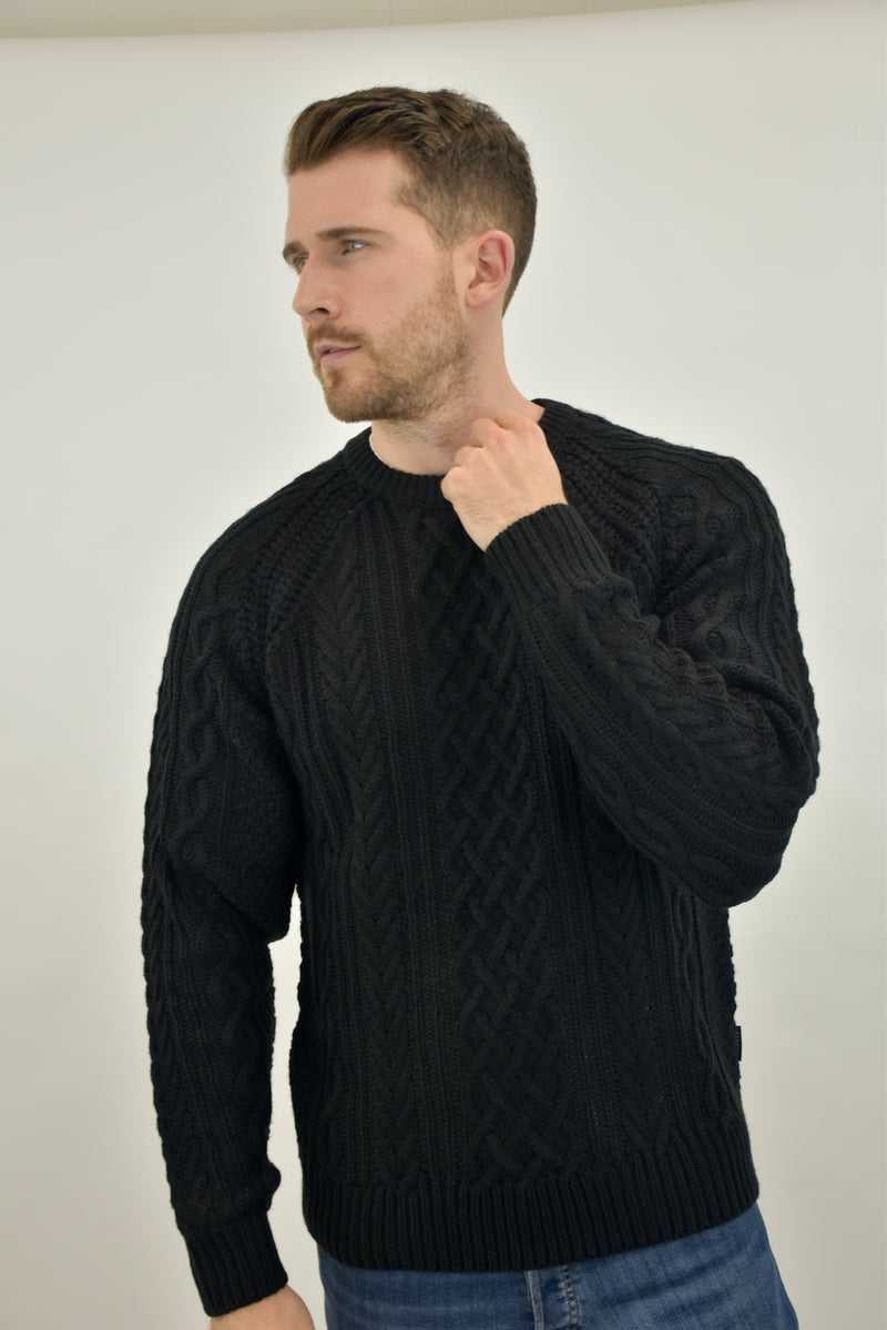 Humble Pioneer Men's Black Fisherman Cable Knit Jumper