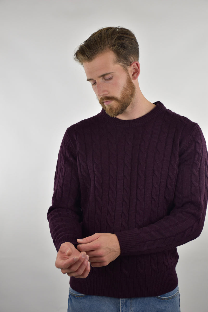 Humble Pioneer - Men's Burgundy Cable Wool Crew Neck