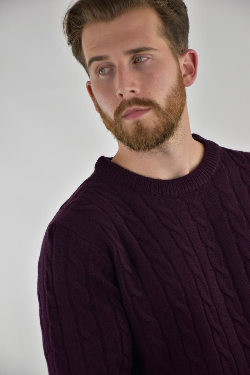 Humble Pioneer - Men's Burgundy Cable Wool Crew Neck